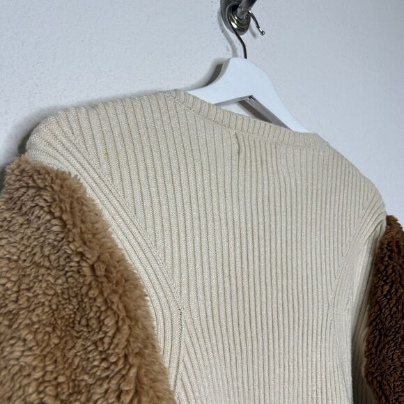 Anthropologie Furry Teddy Cream Colorblocked Cardigan Sweater S - Picture 7 of 9
